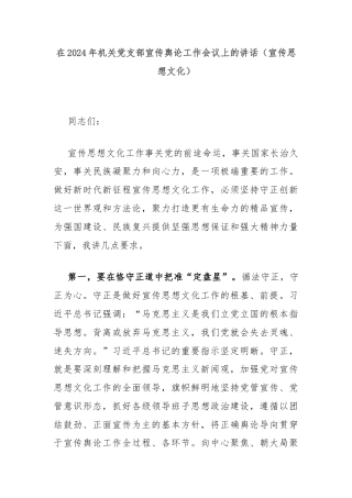 在2024年机关党支部宣传舆论工作会议上的讲话（宣传思想文化）