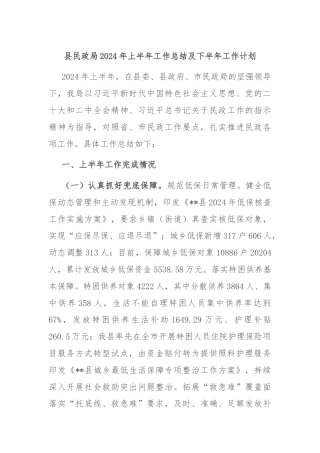 县民政局2024年上半年工作总结及下半年工作计划