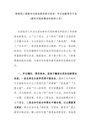 街道党工委副书记政法委员研讨发言：守正创新笃行不怠（新时代党的建设和组织工作）
