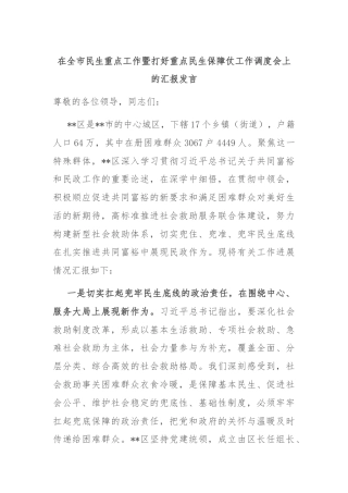 在全市民生重点工作暨打好重点民生保障仗工作调度会上的汇报发言
