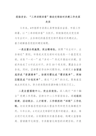 经验发言：“三单四联四看”推动支部结对共建工作走深走实