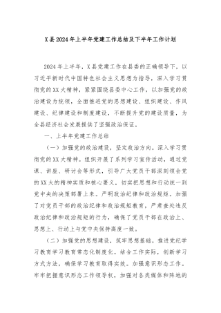 X县2024年上半年党建工作总结及下半年工作计划