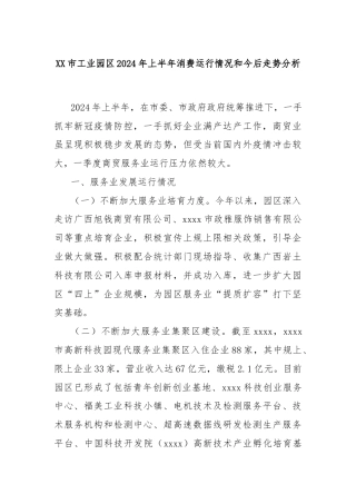 XX市工业园区2024年上半年消费运行情况和今后走势分析