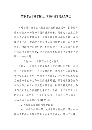 XX民营企业经营现状、面临的困难问题及建议