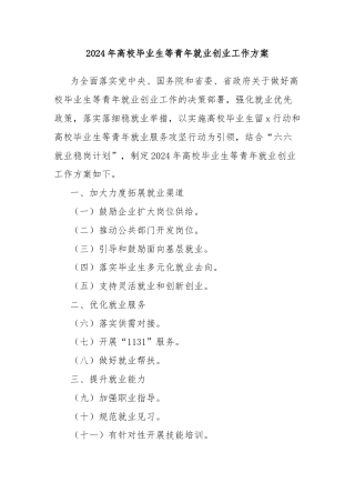 2024年高校毕业生等青年就业创业工作方案