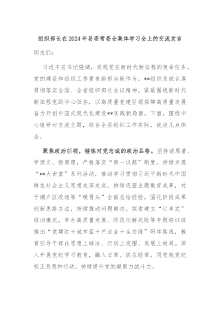 组织部长在2024年县委常委会集体学习会上的交流发言