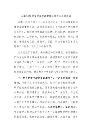 乡镇2024年党纪学习教育理论学习中心组研讨