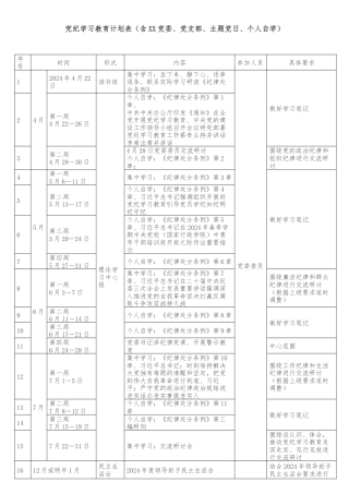 党纪学习教育计划表（含XX党委、党支部、主题党日、个人自学）