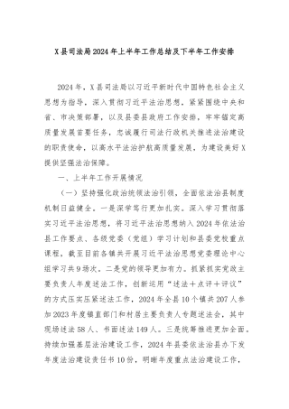 X县司法局2024年上半年工作总结及下半年工作安排