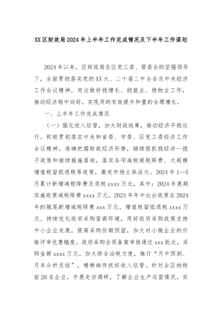 XX区财政局2024年上半年工作完成情况及下半年工作谋划