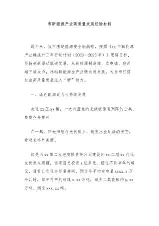 市新能源产业高质量发展经验材料