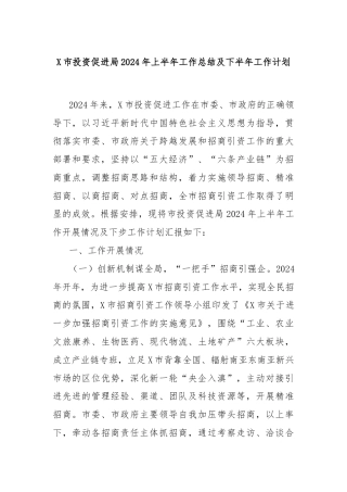 X市投资促进局2024年上半年工作总结及下半年工作计划