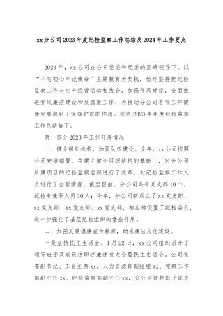 xx分公司2023年度纪检监察工作总结及2024年 工作要点