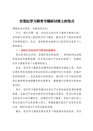 在党纪学习教育专题研讨班上的发言