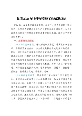企业集团2024年上半年党建工作情况总结