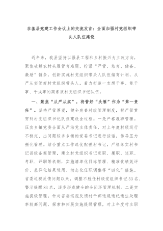 在基层党建工作会议上的交流发言：全面加强村党组织带头人队伍建设