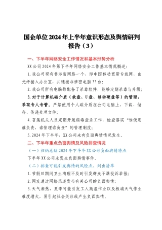 国企单位2024年上半年意识形态及舆情研判报告 (3)