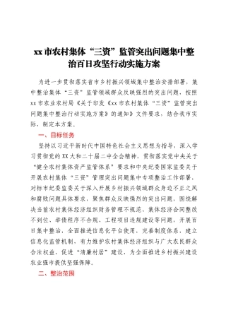 xx市农村集体“三资”监管突出问题集中整治百日攻坚行动实施方案