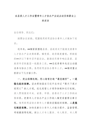在县委人才工作会暨青年人才协办产业试点动员部署会上的发言