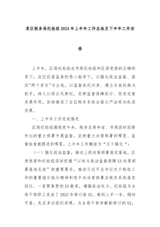 某区税务局纪检组2024年上半年工作总结及下半年工作安排