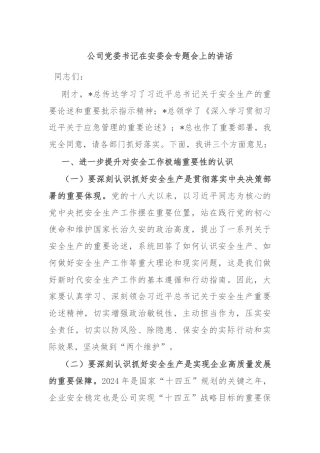 公司党委书记在安委会专题会上的讲话