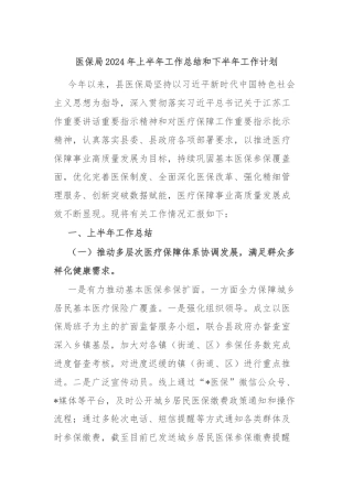 医保局2024年上半年工作总结和下半年工作计划