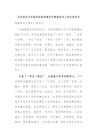 司法局在全市基层党组织建设专题推进会上的交流发言