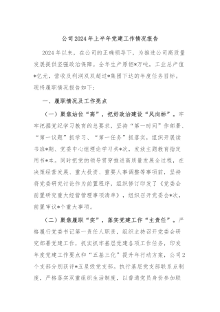 公司2024年上半年党建工作情况报告