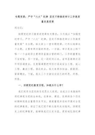 专题党课：严守“六大”纪律 坚定不移推进审计工作高质量发展党课