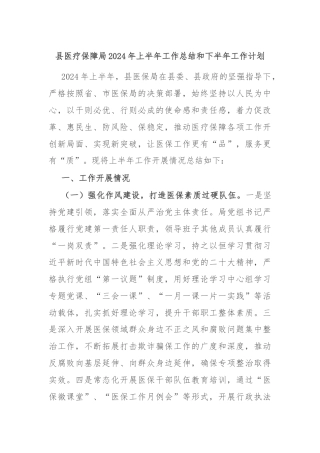 县医疗保障局2024年上半年工作总结和下半年工作计划