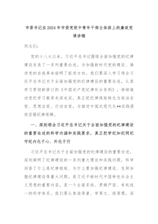 市委书记在2024年市委党校中青年干部主体班上的廉政党课讲稿