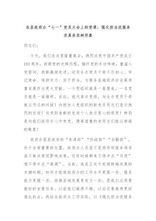 在县政府办“七一”党员大会上的党课：强化担当优服务 求真务实树形象
