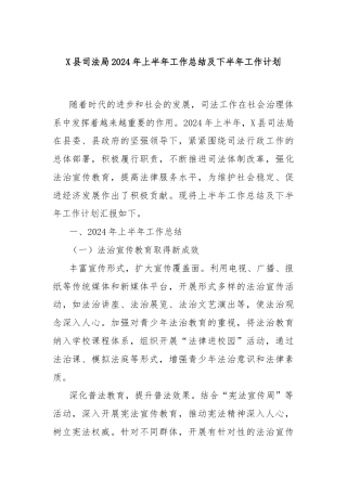 X县司法局2024年上半年工作总结及下半年工作计划