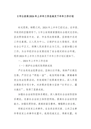 X市公an局2024年上半年工作总结及下半年工作计划