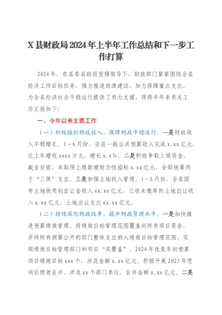 X县财政局2024年上半年工作总结和下一步工作打算