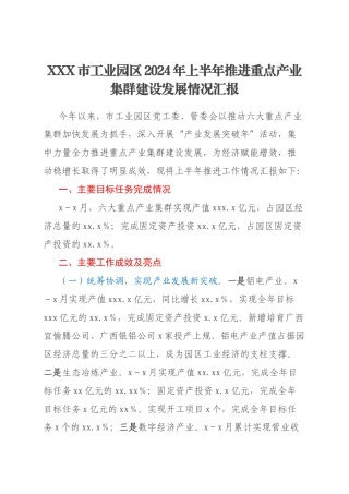 XXX市工业园区2024年上半年推进重点产业集群建设发展情况汇报