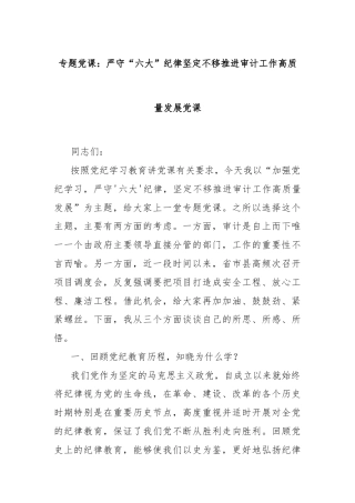 专题党课：严守“六大”纪律坚定不移推进审计工作高质量发展党课
