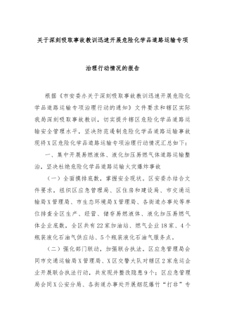 关于深刻吸取事故教训迅速开展危险化学品道路运输专项治理行动情况的报告