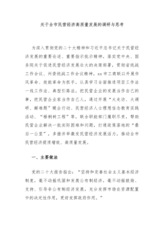 关于全市民营经济高质量发展的调研与思考