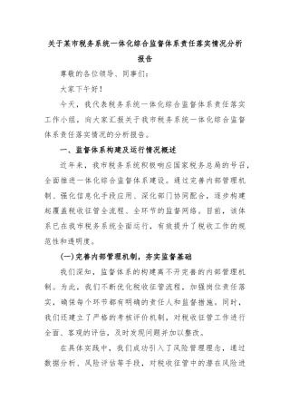 关于某市税务系统一体化综合监督体系责任落实情况分析报告