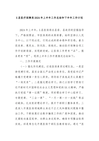 X县医疗保障局2024年上半年工作总结和下半年工作计划