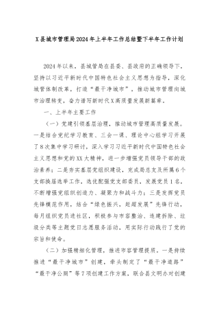 X县城市管理局2024年上半年工作总结暨下半年工作计划
