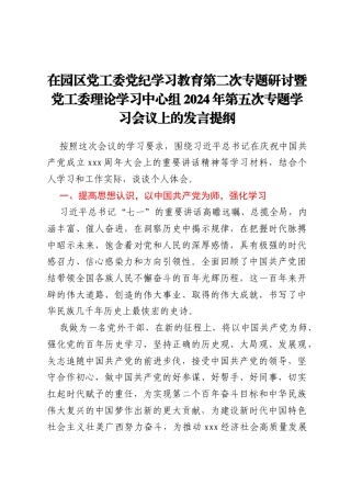 在园区党工委党纪学习教育第二次专题研讨暨党工委理论学习中心组2024年第五次专题学习会议上的发言提纲