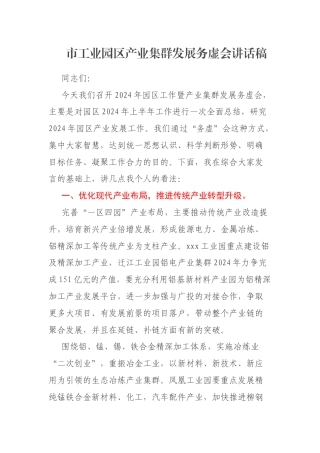 市工业园区产业集群发展务虚会讲话稿