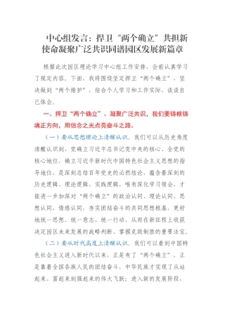 中心组发言：捍卫“两个确立”共担新使命凝聚广泛共识同谱园区发展新篇章