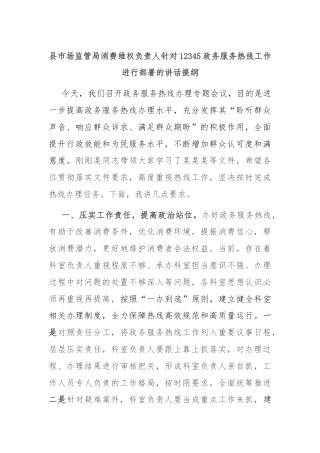 县市场监管局消费维权负责人针对12345政务服务热线工作进行部署的讲话提纲