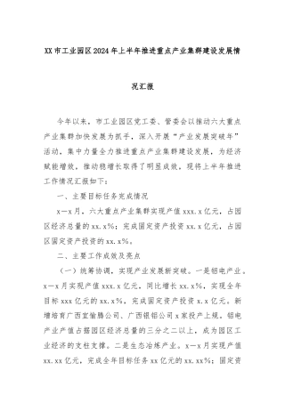 XX市工业园区2024年上半年推进重点产业集群建设发展情况汇报