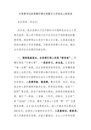 乡党委书记在党建引领乡村振兴工作会议上的发言