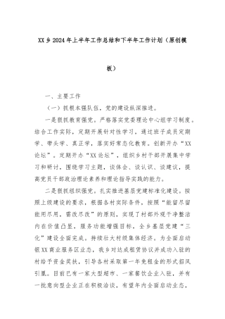 XX乡2024年上半年工作总结和下半年工作计划（原创模板）