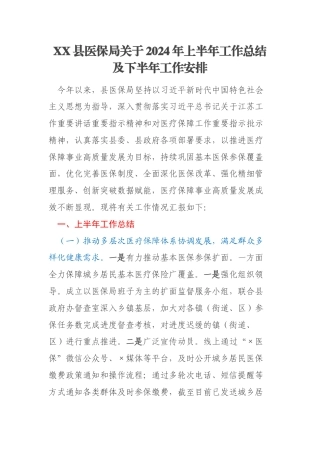 XX县医保局关于2024年上半年工作总结及下半年工作安排